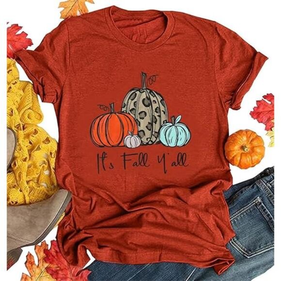 Graphic Shirt for Women - Thanksgiving Pumpkin Splicing Sleeve Fall Top - Picture 2 of 6